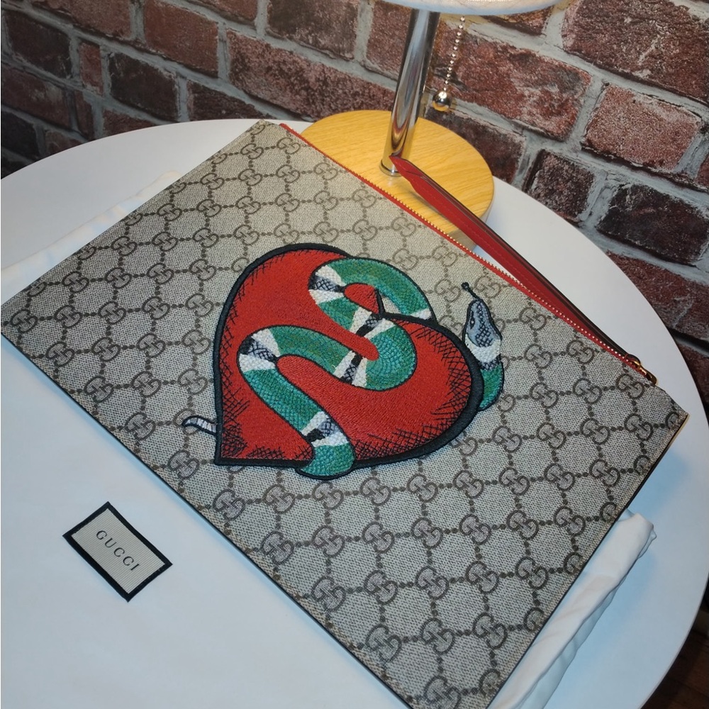 Gucci Beige and Red Heart Snake Pouch